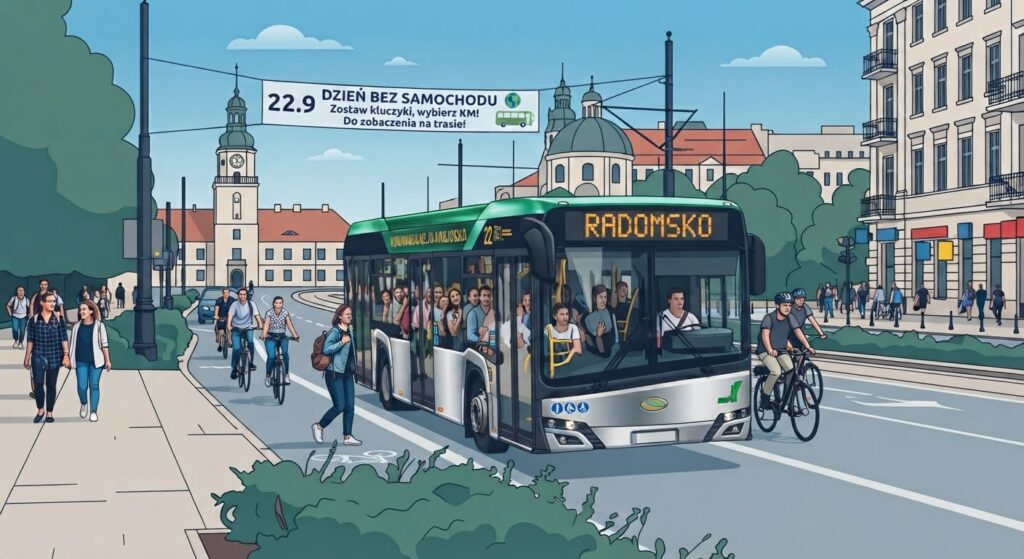 Obraz stworzony w AI przedstawiaj膮cy autobus pe艂en ludzi na ulicach miejscowo艣ci celebruj膮cy dzie艅 bez samochodu przypadaj膮cy na 22 wrze艣nia